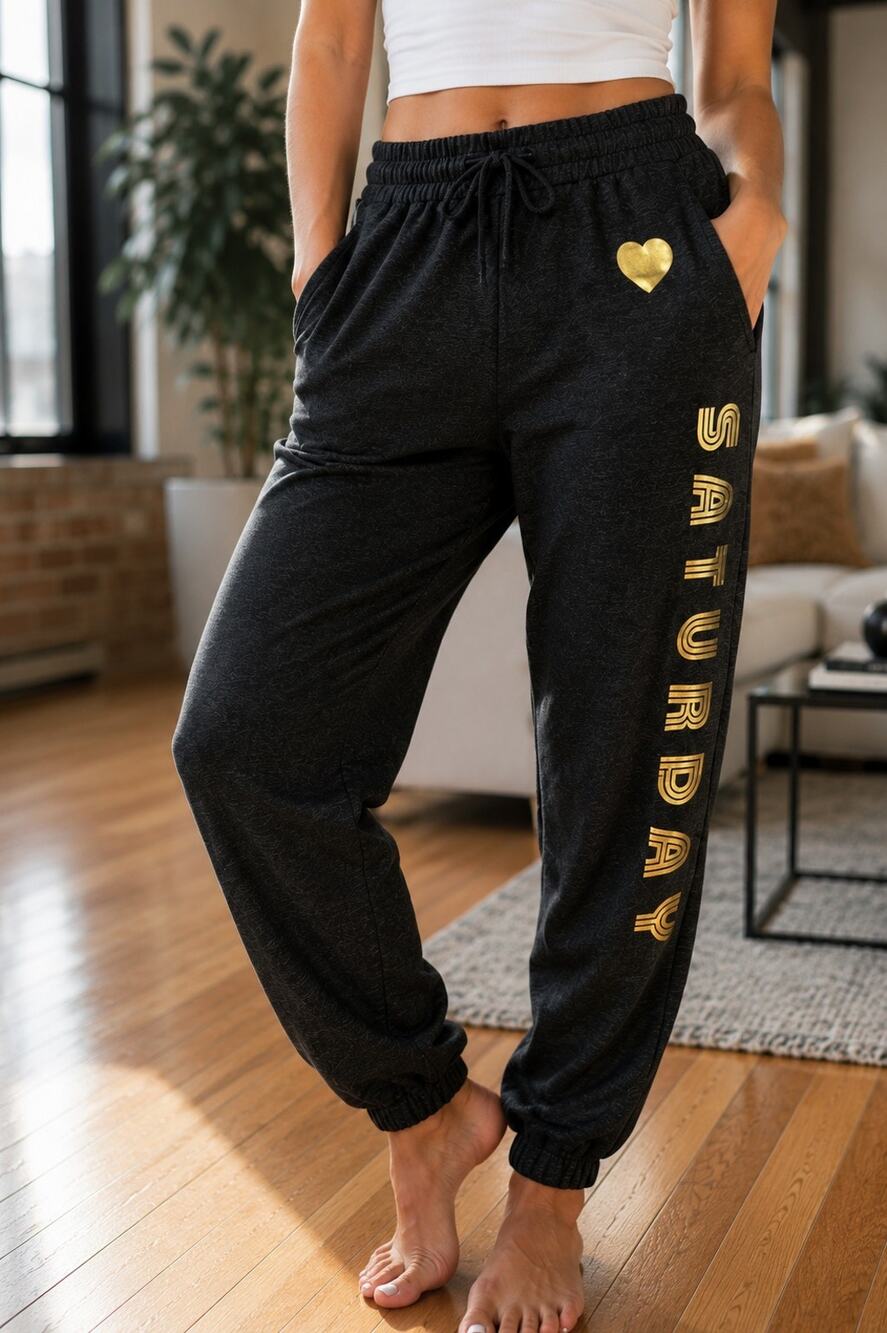 NWT Chaser Saturday Graphic Jogger Pants Gold Heart Black Soft Knit Large